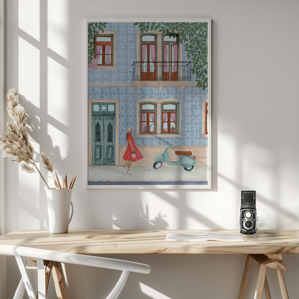Street Scene with Elegant Woman in Red Dress - Poster / Art Print - interiör