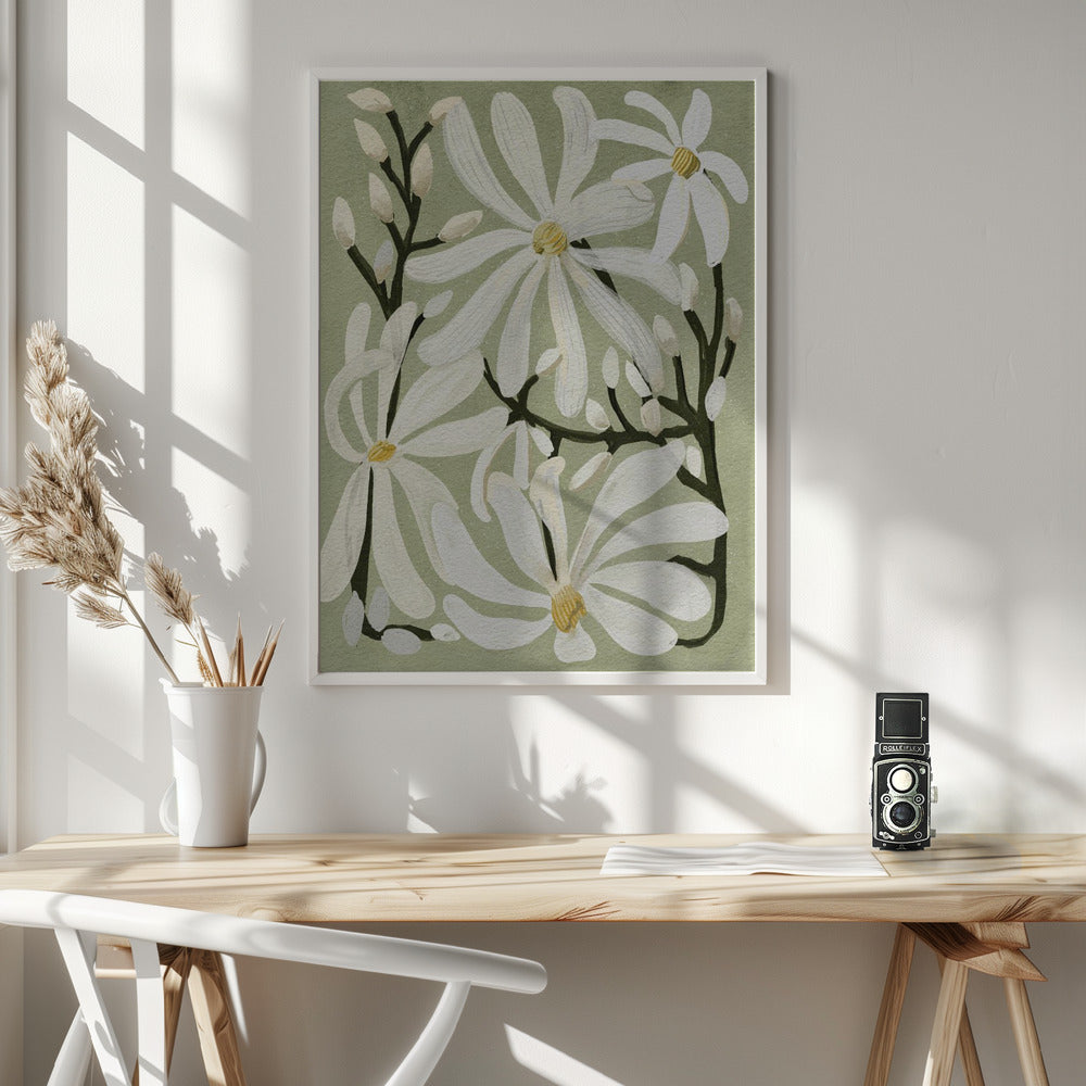 Star Magnolia Florals on Sage background - Poster / Art Print - interiör