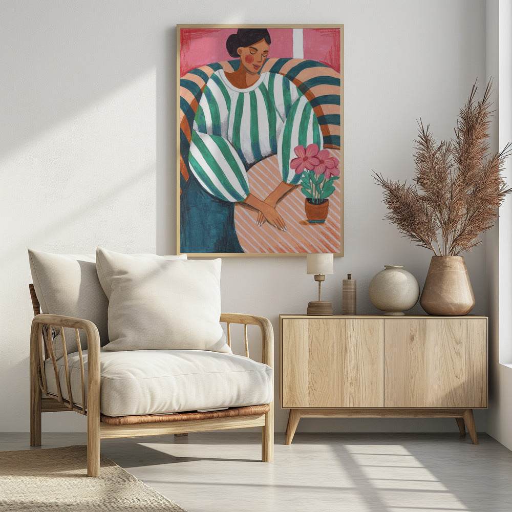 Woman in stripes in thought - Poster / Art Print - interiör