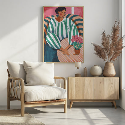 Woman in stripes in thought - Poster / Art Print - interiör