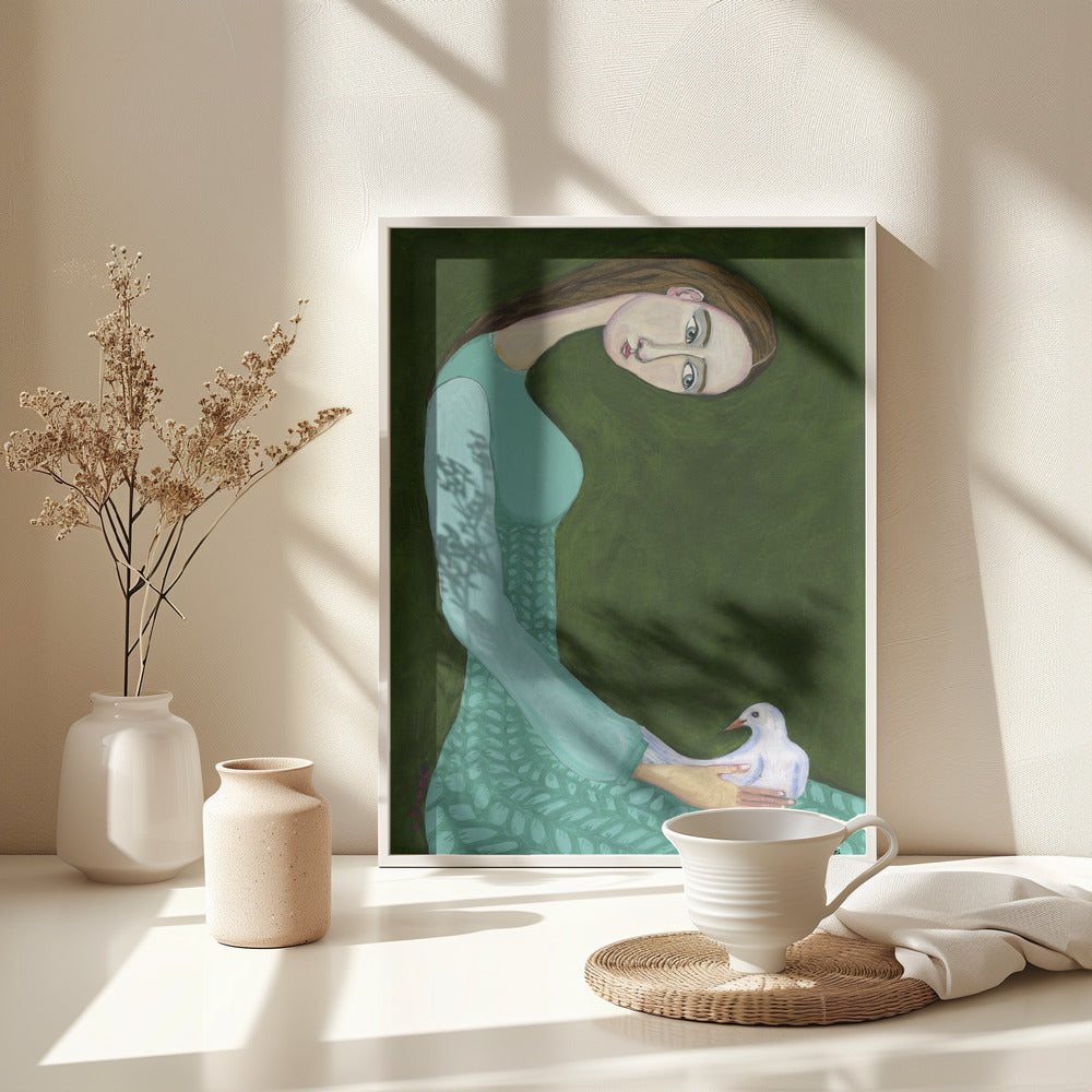 Lady sitting with white dove bird woman - Poster / Art Print - interiör