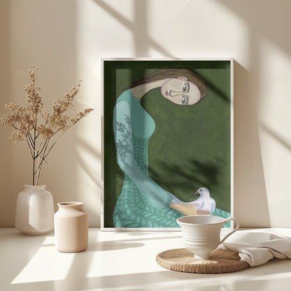 Lady sitting with white dove bird woman - Poster / Art Print - interiör