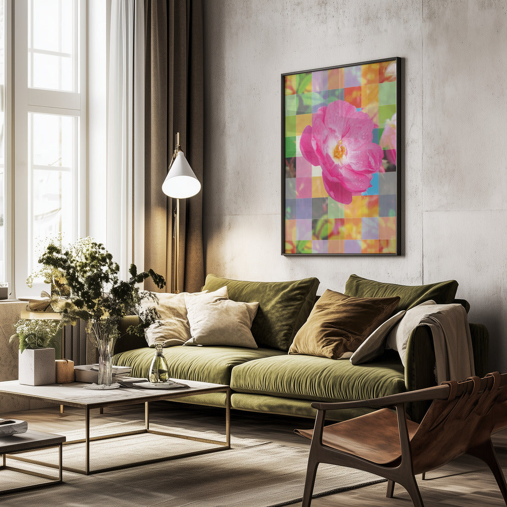 Vivid Pink Flower with Colorful Mosaic - Poster / Art Print - interiör
