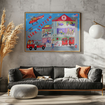 Firemen and the Fire Station by Artist Carla Daly - Poster / Art Print - interiör