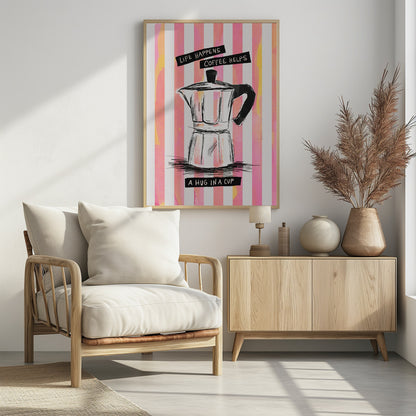 Mocca Coffee on Stripes - Hug in a Cup - Poster / Art Print - interiör