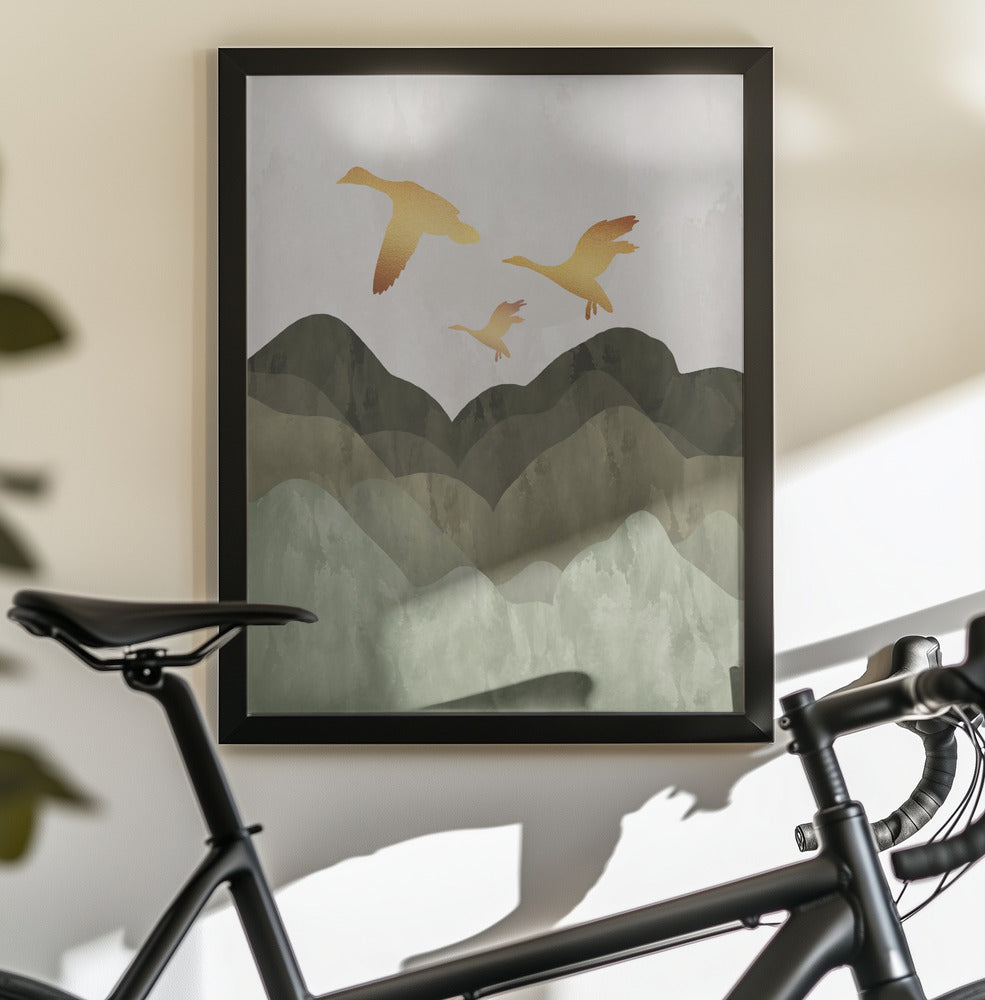 Golden Birds Flying Over Mountains - Poster / Art Print - interiör