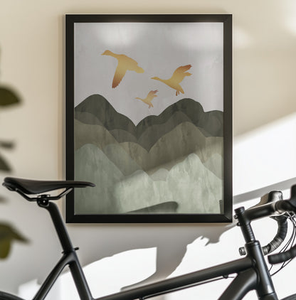 Golden Birds Flying Over Mountains - Poster / Art Print - interiör