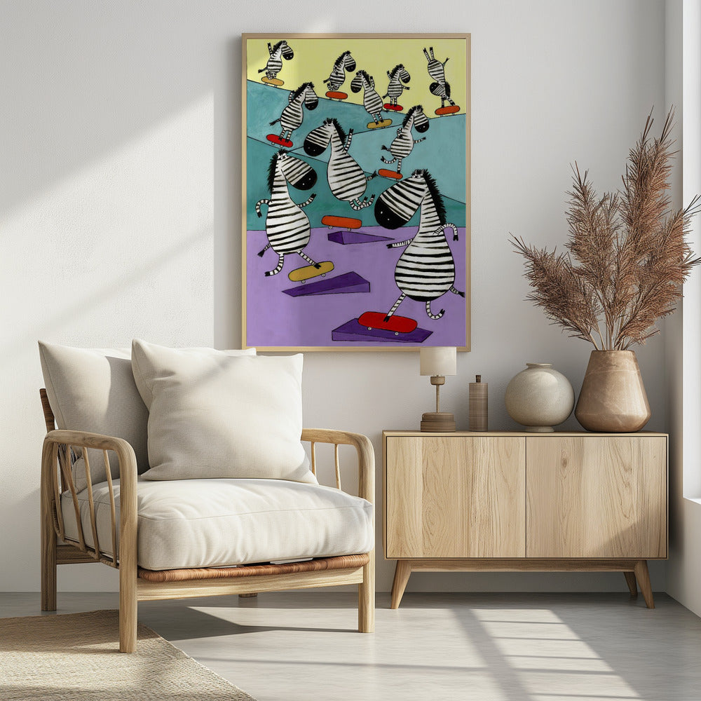 Hilarious Zebras in the Skatepark by Artist Carla Daly - Poster / Art Print - interiör