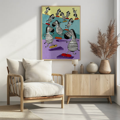 Hilarious Zebras in the Skatepark by Artist Carla Daly - Poster / Art Print - interiör