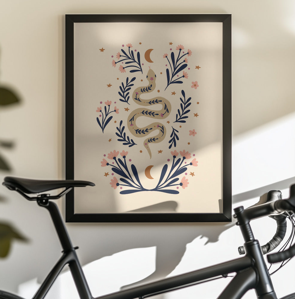 Snake And Flowers Beige And Indigo - Poster / Art Print - interiör