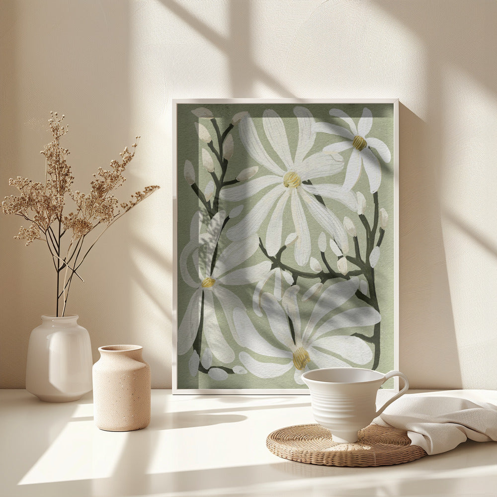 Star Magnolia Florals on Sage background - Poster / Art Print - interiör