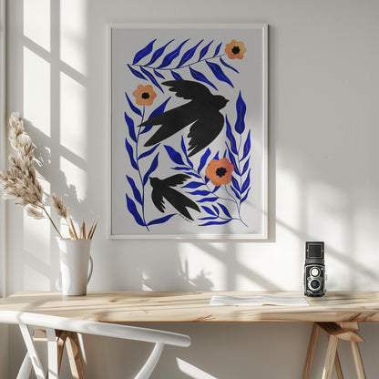 Swallow Flowers - Poster / Art Print - interiör