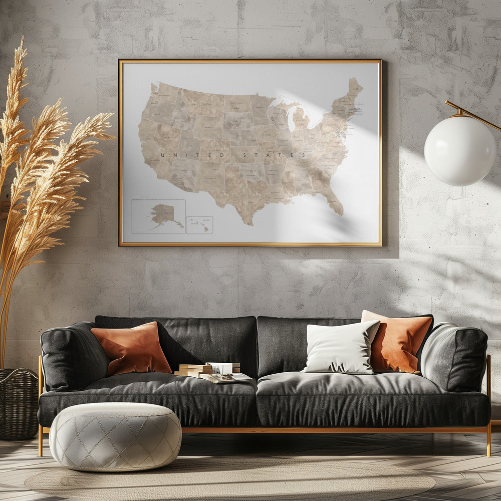 Taupe USA karta vattenfärg - Poster / Art Print - interiör