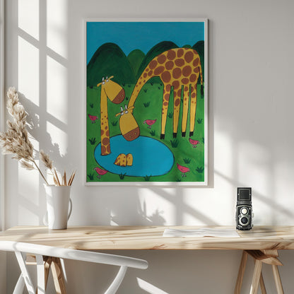Mommy with Baby Giraffe in a Watering Hole by Artist Carla Daly - Poster / Art Print - interiör