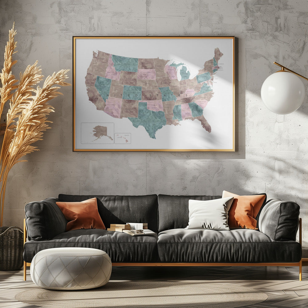 Pink and teal watercolor map of the US - Poster / Art Print - interiör