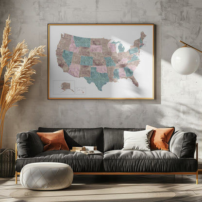 Pink and teal watercolor map of the US - Poster / Art Print - interiör