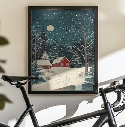 Red Houses and Snowy night sky - Poster / Art Print - interiör