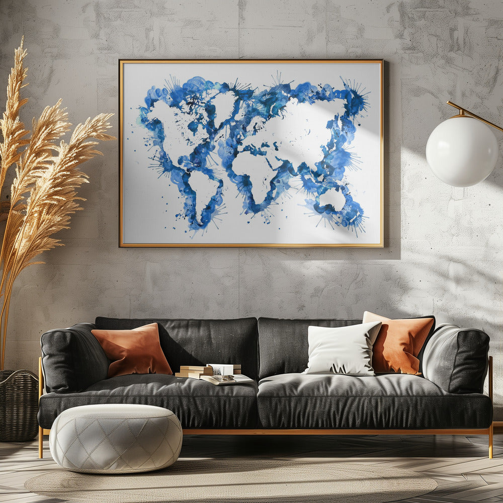 Blue strokes världskarta - Poster / Art Print - interiör