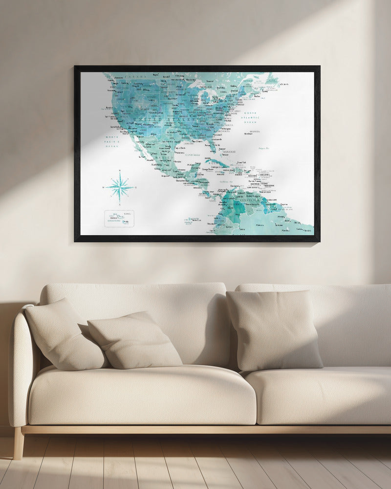 Aquamarine map of USA and Mexico - Poster / Art Print - interiör