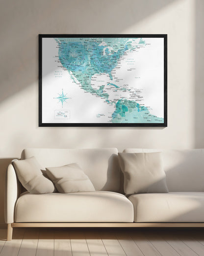 Aquamarine map of USA and Mexico - Poster / Art Print - interiör