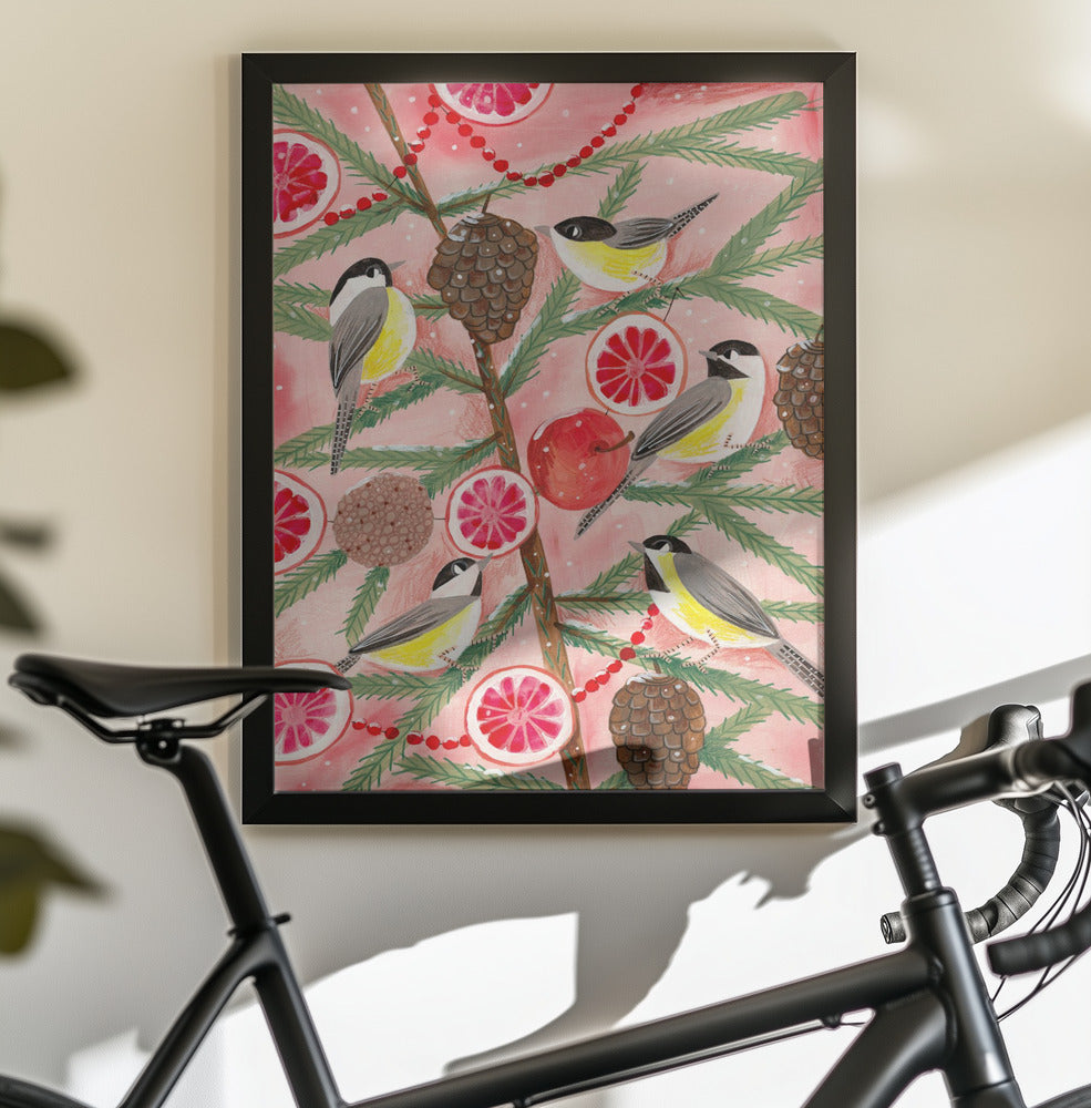 Winter birds Tits in the pine tree at Christmas - Poster / Art Print - interiör