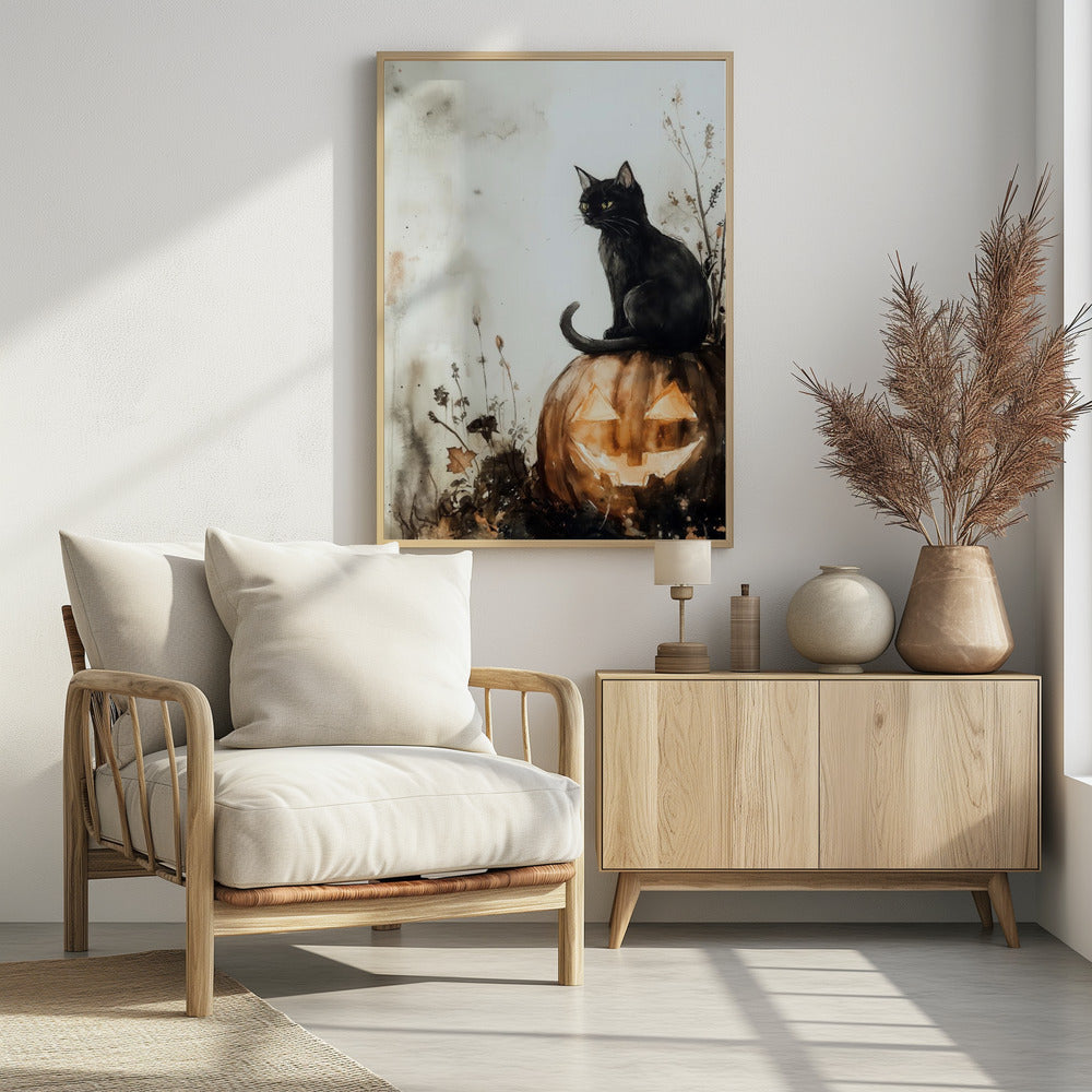Balck Cat and Pumpkin Halloween Scene (2) - Poster / Art Print - interiör