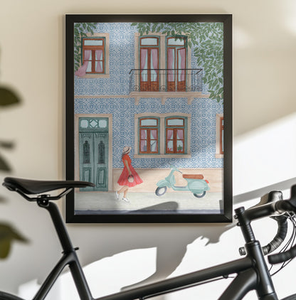 Street Scene with Elegant Woman in Red Dress - Poster / Art Print - interiör