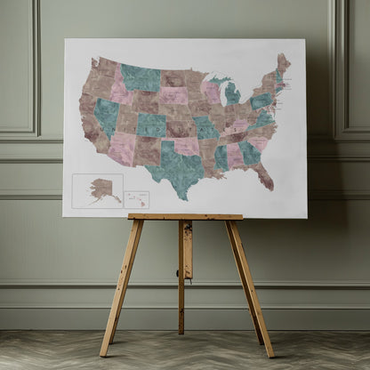 Pink and teal watercolor map of the US - Poster / Art Print - interiör