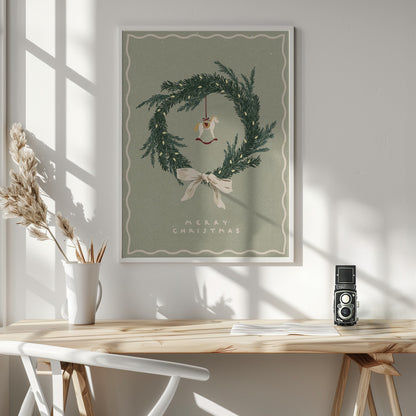 Horses toy on Christmas wreath with bow - Poster / Art Print - interiör
