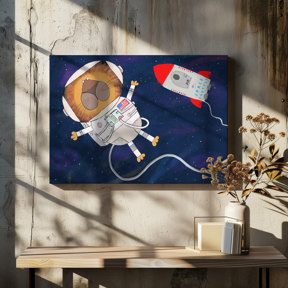 Funny Lion Astronaut is Swirling in Space by Artist Carla Daly - Poster / Art Print - interiör