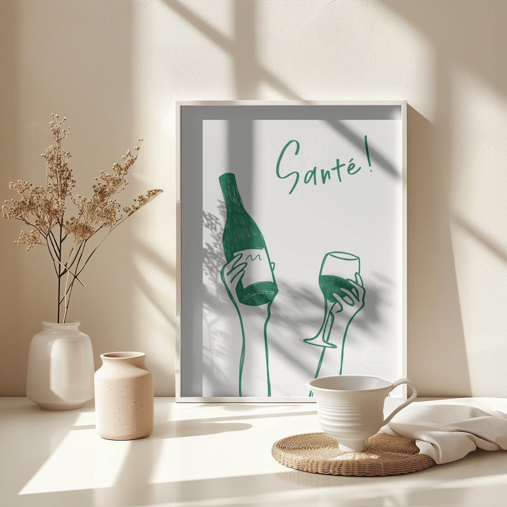 Hands holding a wine bottle and a wine glass with the text "Cheers!" in French - Poster / Art Print - interiör