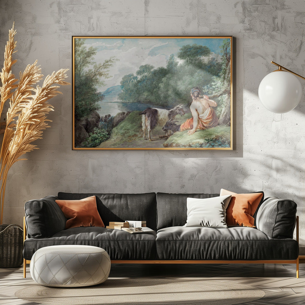 Shepherdess With Goats In a Landscape With a Lake - Poster / Art Print - interiör