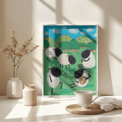 Funny Sheep Dancing in a Green Field by Artist Carla Daly - Poster / Art Print - interiör