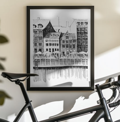 Nyhavn Canal: Copenhagen, Denmark City Drawing - Poster / Art Print - interiör