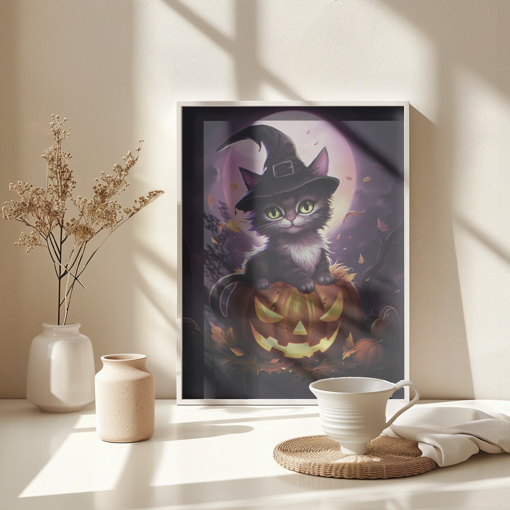 Cute Kitten On a Pumpkin - Poster / Art Print - interiör