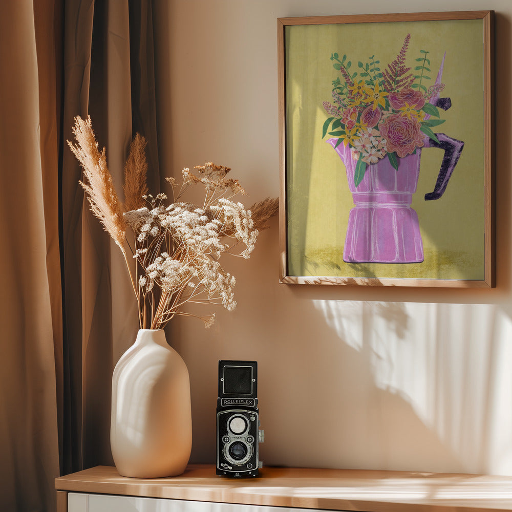 Espresso Maker with Flowers - Poster / Art Print - interiör