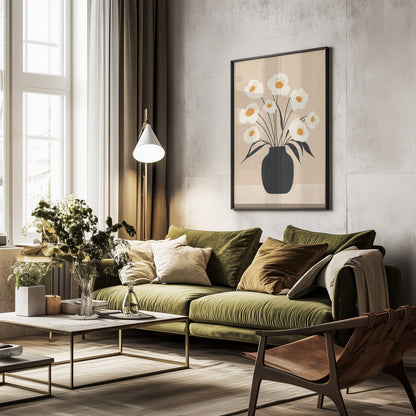 White Flowers in Black Vase - Poster / Art Print - interiör