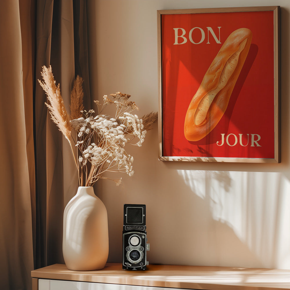 Baguette On A Red Background - Poster / Art Print - interiör
