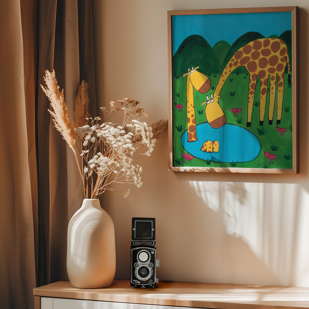 Mommy with Baby Giraffe in a Watering Hole by Artist Carla Daly - Poster / Art Print - interiör