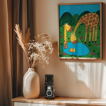 Mommy with Baby Giraffe in a Watering Hole by Artist Carla Daly - Poster / Art Print - interiör