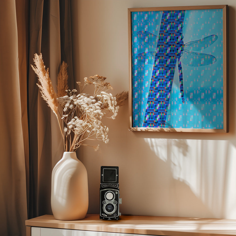 Dragonfly Silhouette with Vibrant Pixel Patterns - Poster / Art Print - interiör