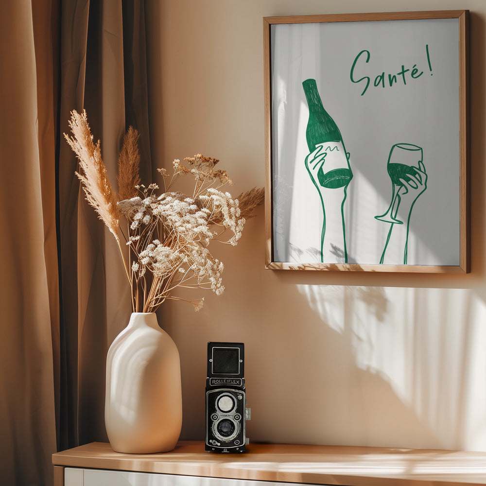 Hands holding a wine bottle and a wine glass with the text "Cheers!" in French - Poster / Art Print - interiör