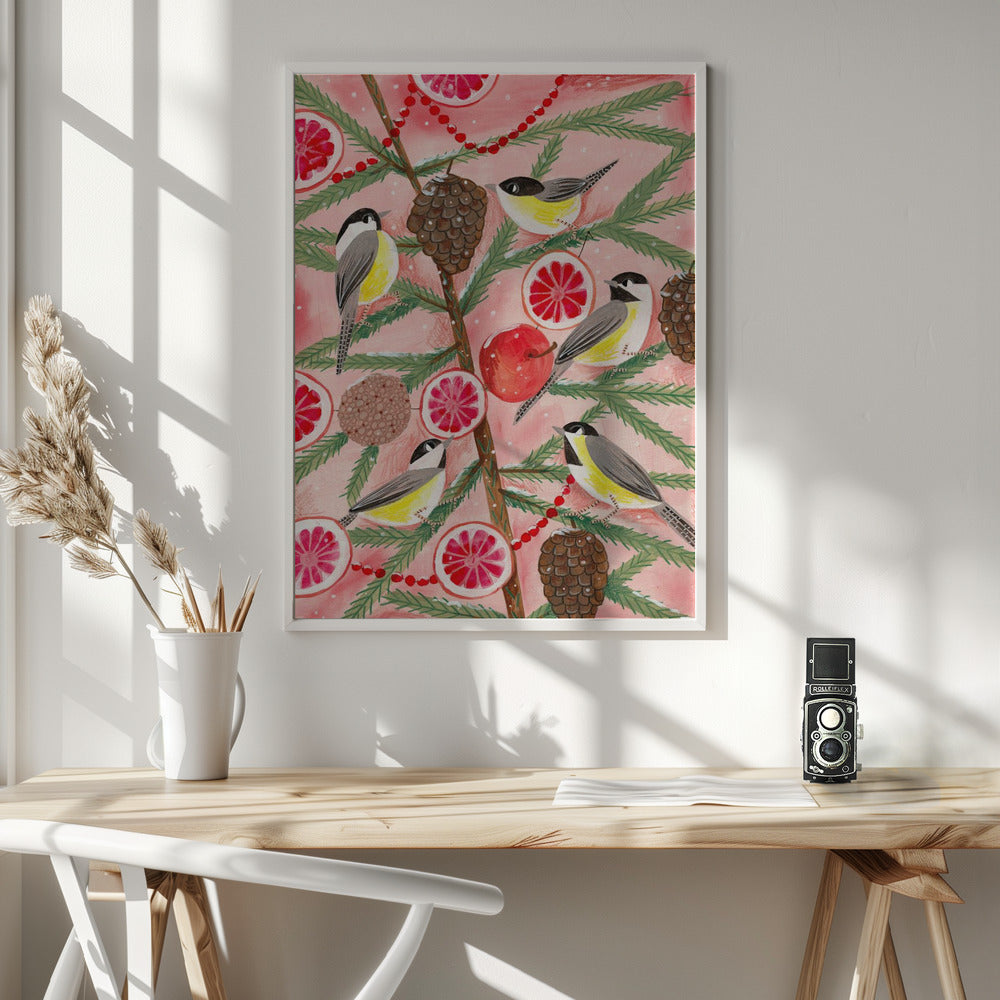 Winter birds Tits in the pine tree at Christmas - Poster / Art Print - interiör