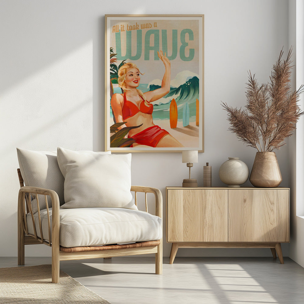 Surfing Pinup Girl On Beach In Bikini - Poster / Art Print - interiör