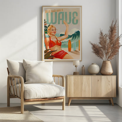 Surfing Pinup Girl On Beach In Bikini - Poster / Art Print - interiör