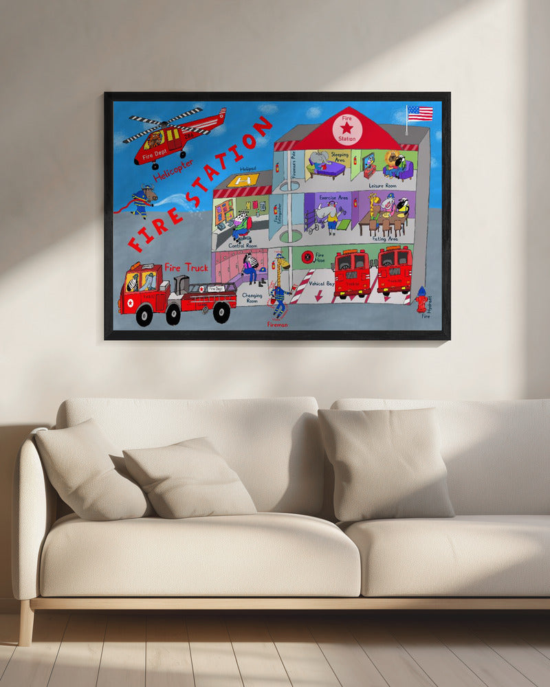 Firemen and the Fire Station by Artist Carla Daly - Poster / Art Print - interiör
