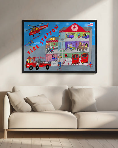 Firemen and the Fire Station by Artist Carla Daly - Poster / Art Print - interiör