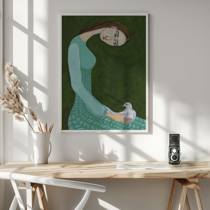 Lady sitting with white dove bird woman - Poster / Art Print - interiör