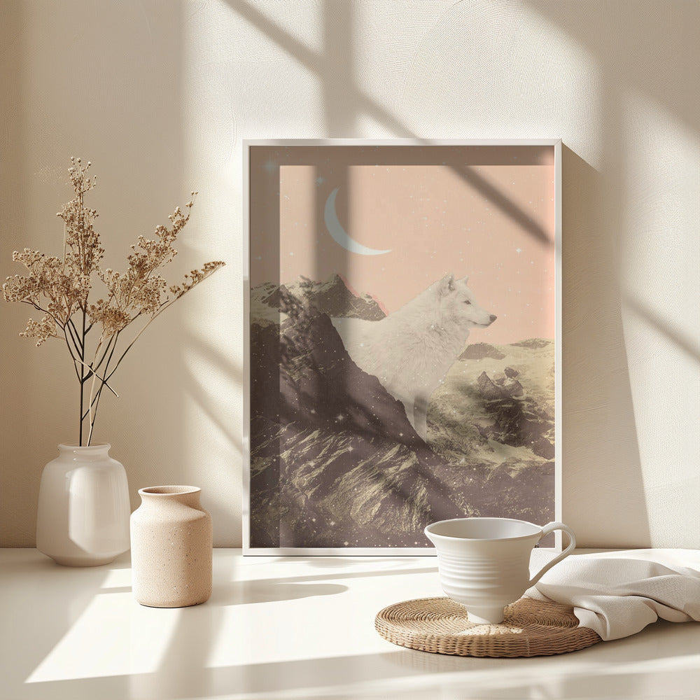 Giant White Wolf In Mountains - Poster / Art Print - interiör