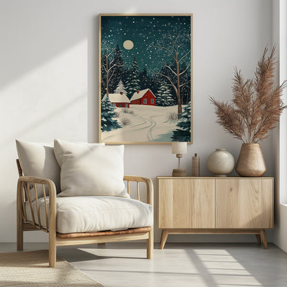 Red Houses and Snowy night sky - Poster / Art Print - interiör